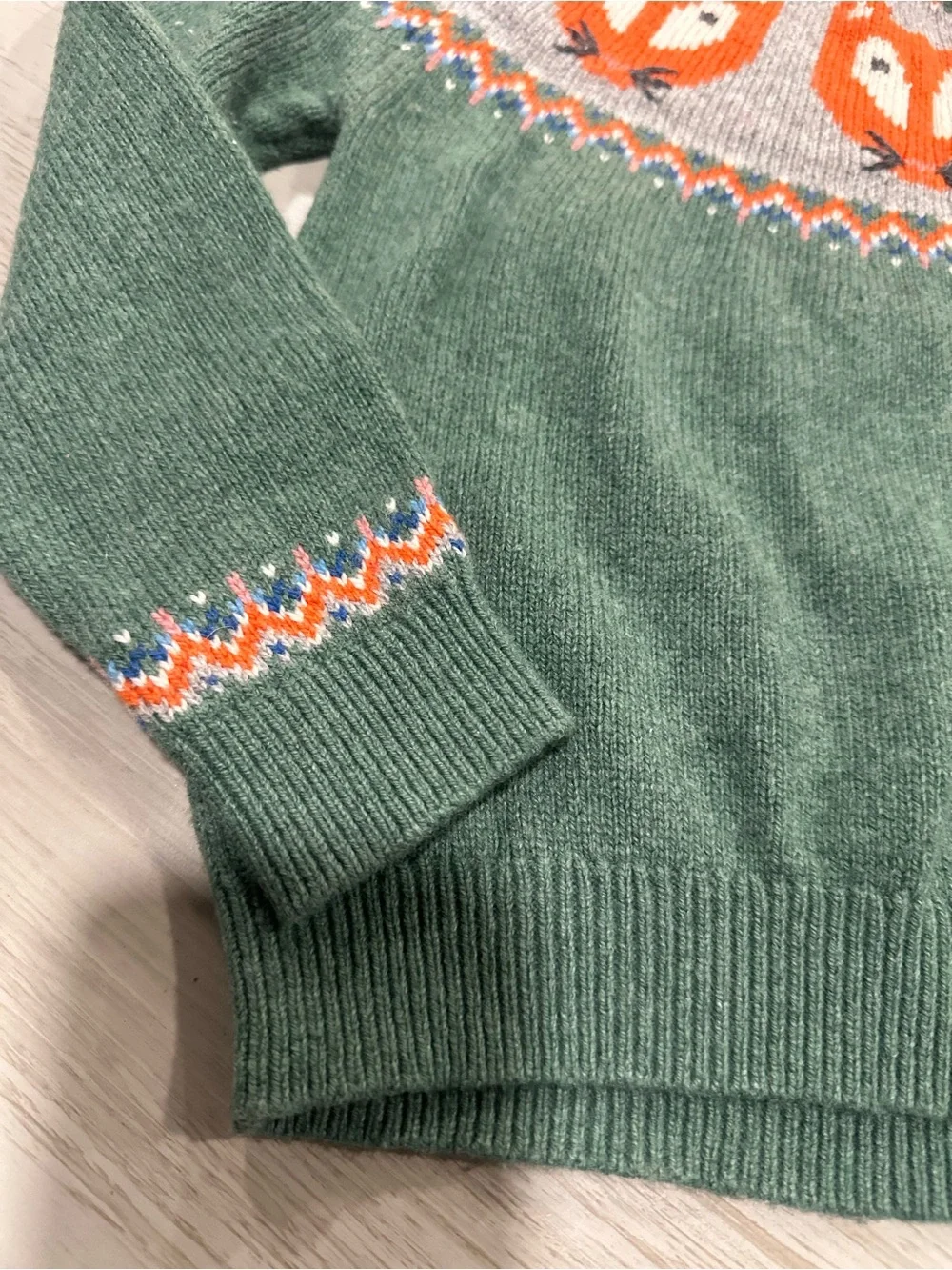 Mini Boden Kids Crew Neck Fair Isle Fox Sweater Green 2-3 Wool Cotton Boy/Girl